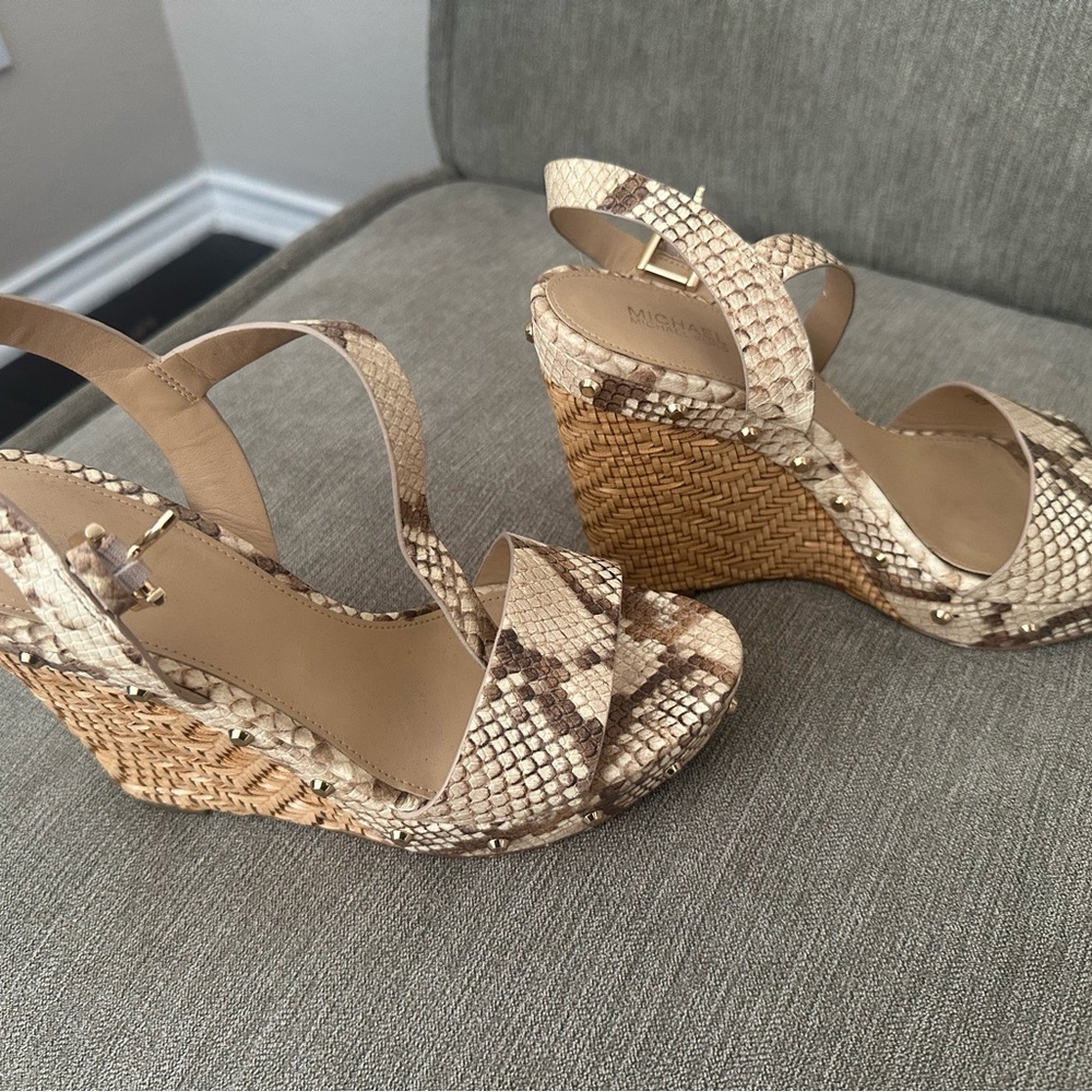 Michael Kors Beige Snake Print Wedge Sandals
